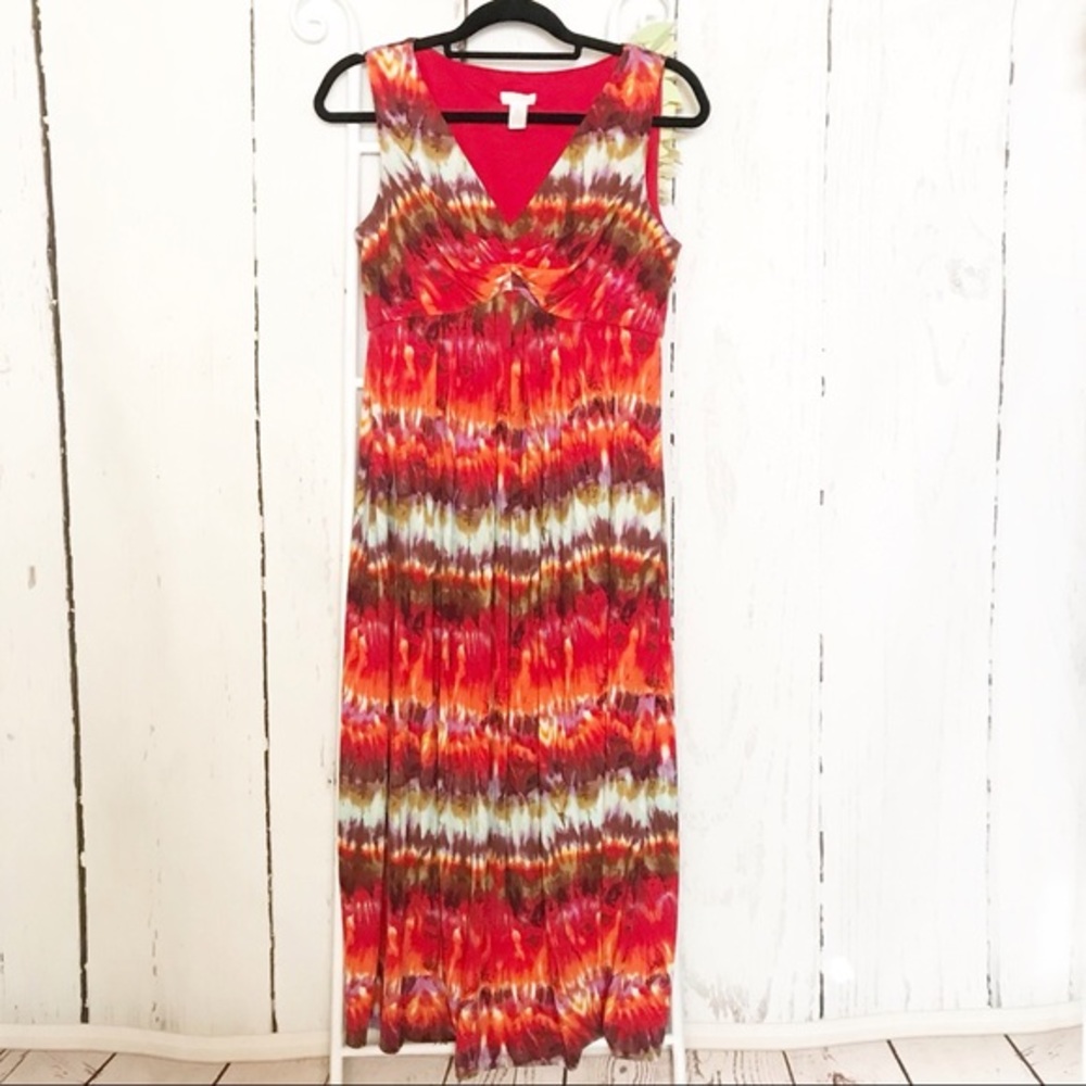 Chico’s Orange Red brown watercolor maxi sundress
